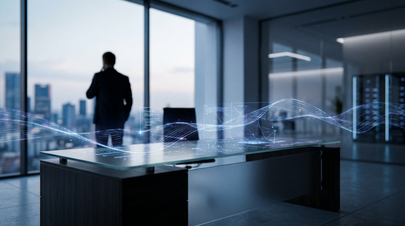 Silhouette d'un cadre regardant des données numériques flottantes sur un bureau dans un bureau moderne avec vue urbaine.