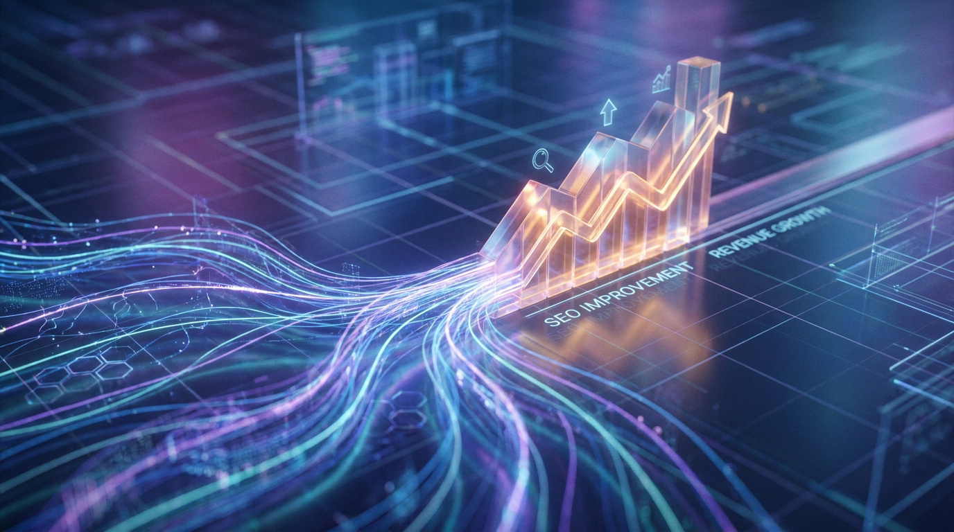 Graphique 3D lumineux illustrant une croissance SEO et des revenus, connectés par des flux de données numériques.