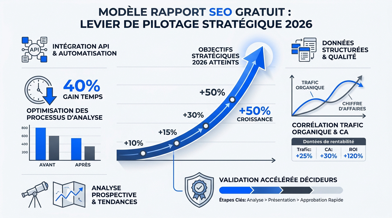 Interface de reporting SEO stratégique montrant les indicateurs de performance et de rentabilité pour 2026