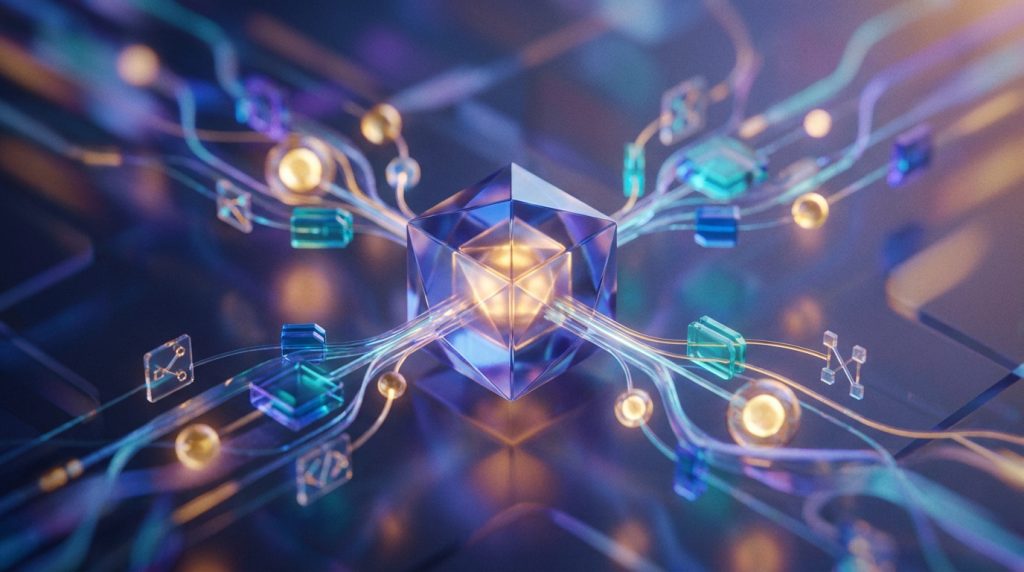 Un prisme cristallin central émettant des flux de données et des icônes numériques connectées sur un fond technologique.