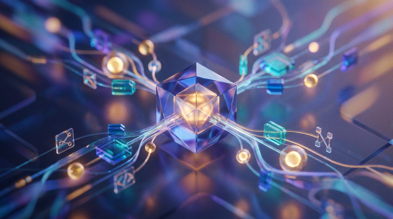 Un prisme cristallin central émettant des flux de données et des icônes numériques connectées sur un fond technologique.