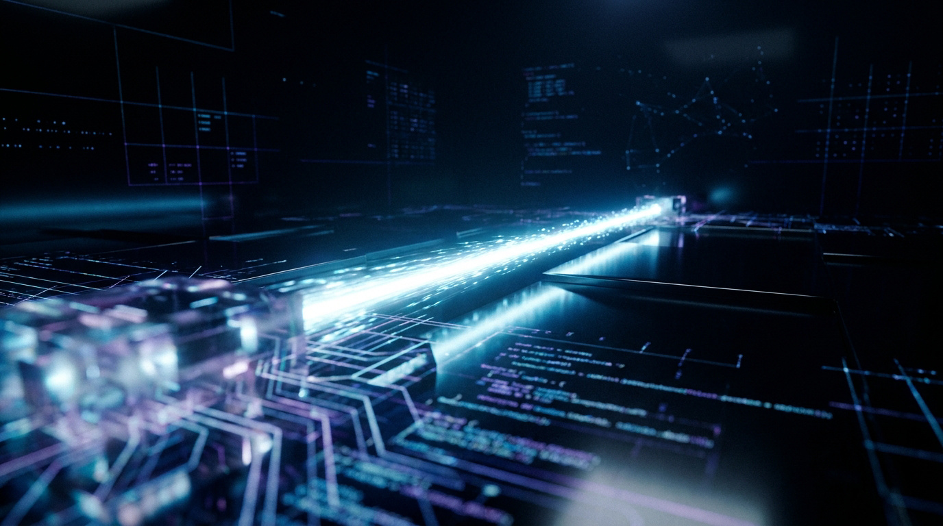 Un faisceau lumineux traverse un environnement technologique sombre avec des lignes de code et des données en arrière-plan.