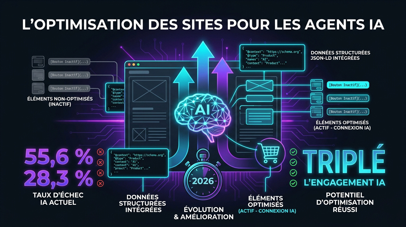 Schéma illustrant l'optimisation des sites web pour les agents IA et l'augmentation des transactions via WebMCP
