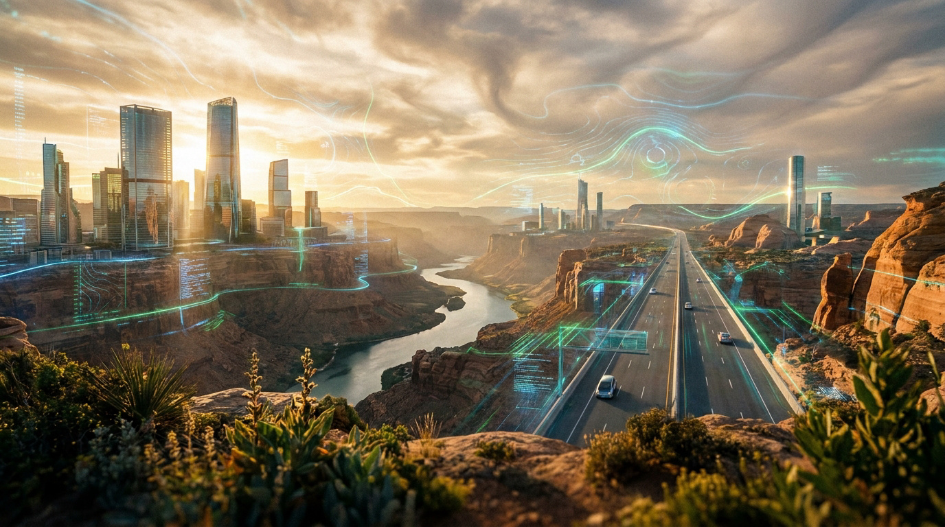 Une ville futuriste dans un canyon avec des données météo numériques projetées sur le paysage au coucher du soleil.