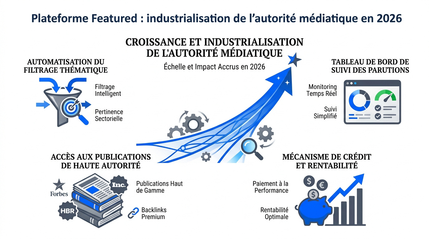 Interface de la plateforme Featured montrant le tableau de bord de suivi des backlinks et des parutions médiatiques en 2026