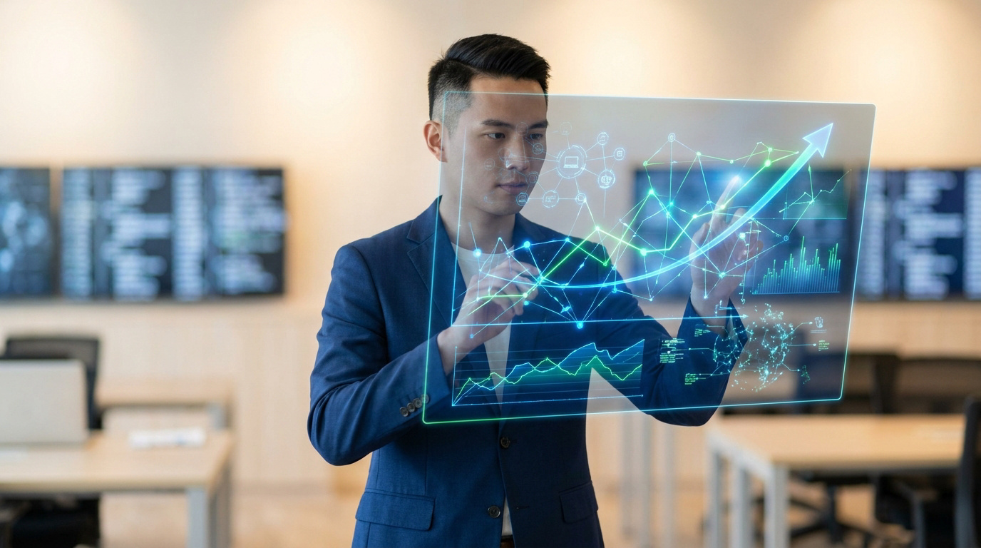 Un homme d'affaires interagissant avec une interface numérique futuriste affichant des graphiques de croissance.