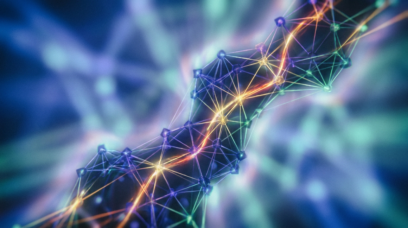 Représentation abstraite d'un réseau neuronal numérique avec des points lumineux et des connexions sur fond bleu.