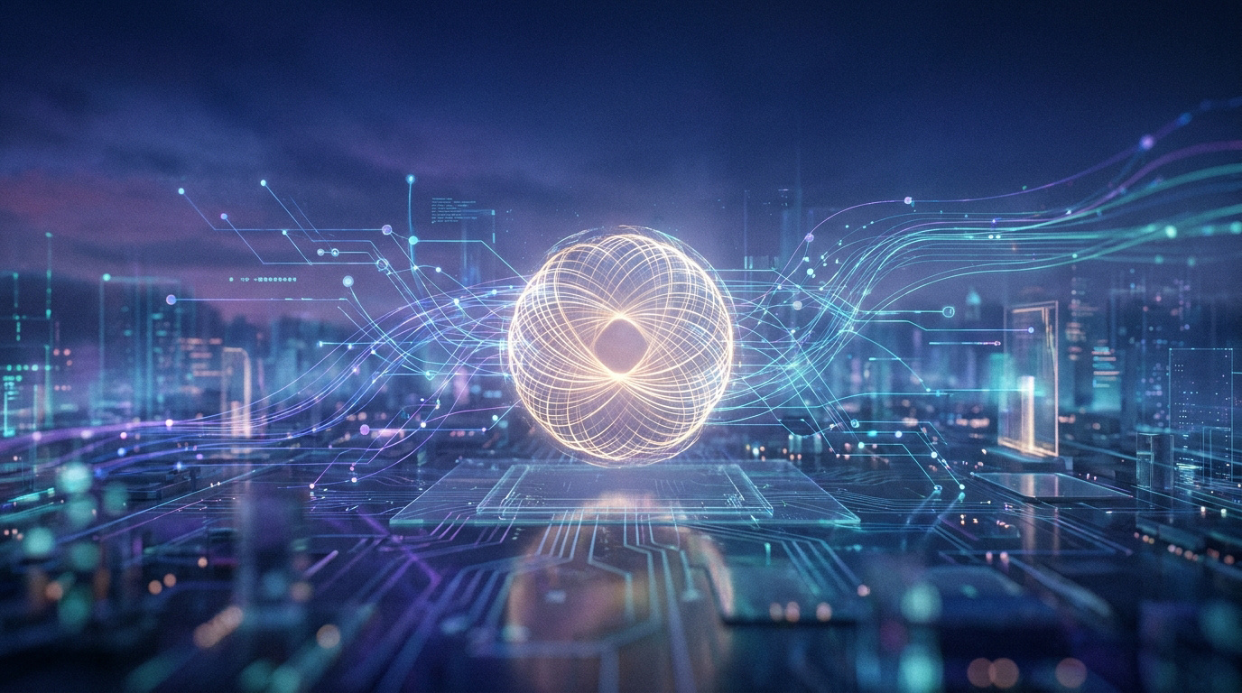 Sphère lumineuse et circuits électroniques sur un fond de ville numérique futuriste représentant l'IA.