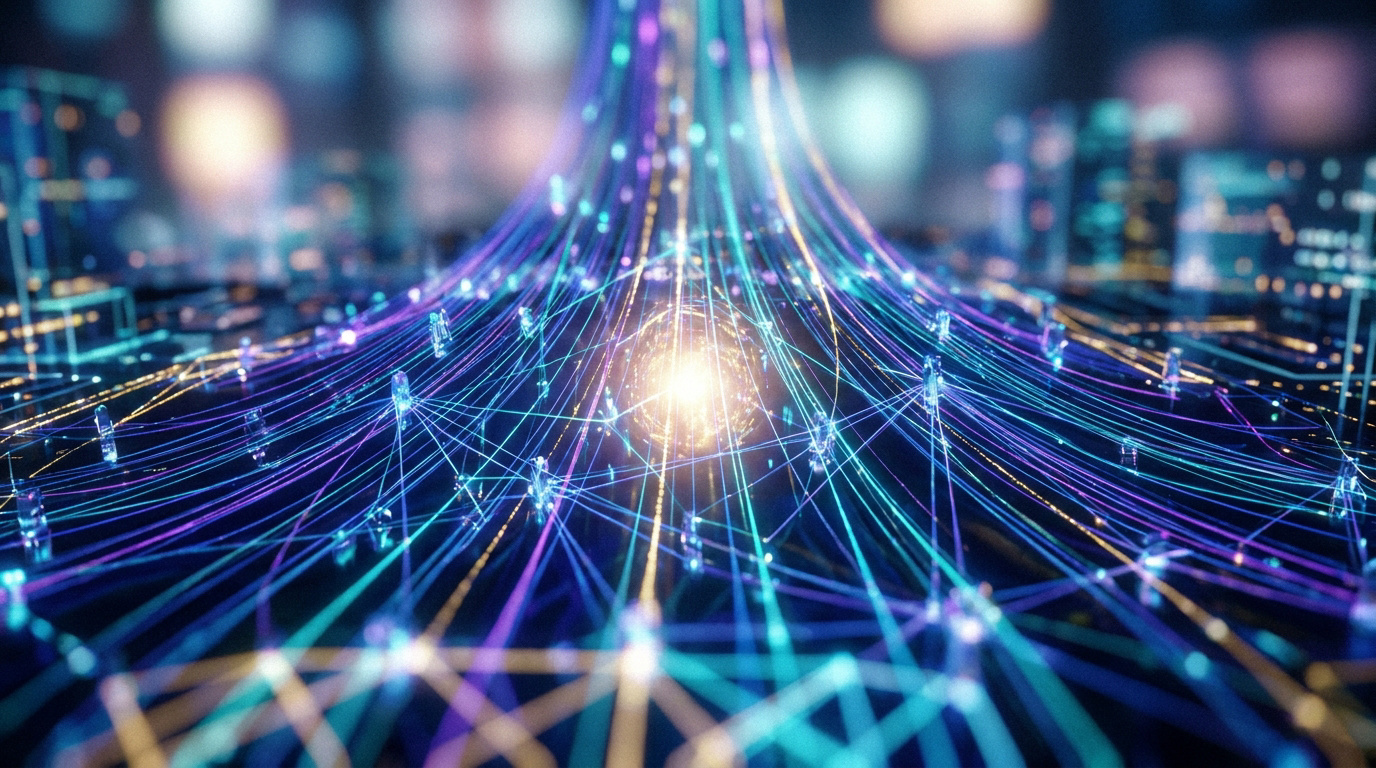 Visualisation abstraite de flux de données numériques et de connexions lumineuses en réseau.
