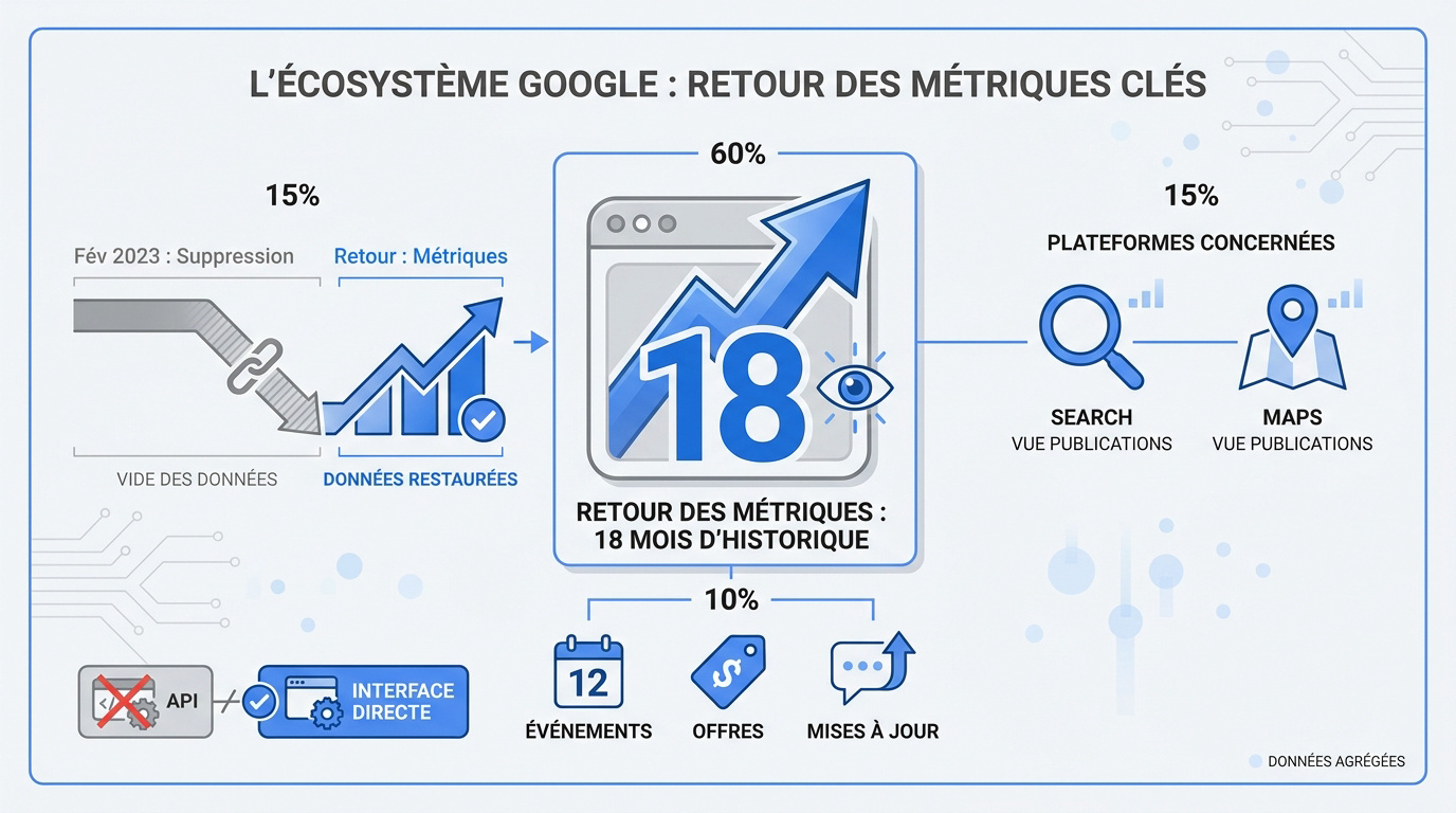 Interface Google Business Profile affichant les statistiques de vues des publications sur 18 mois