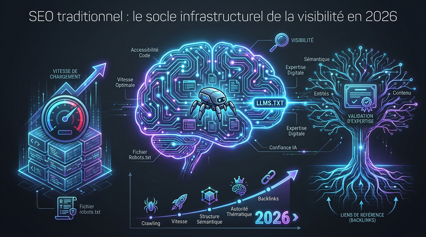 Illustration des fondamentaux du SEO technique et de la visibilité face à l'intelligence artificielle en 2026