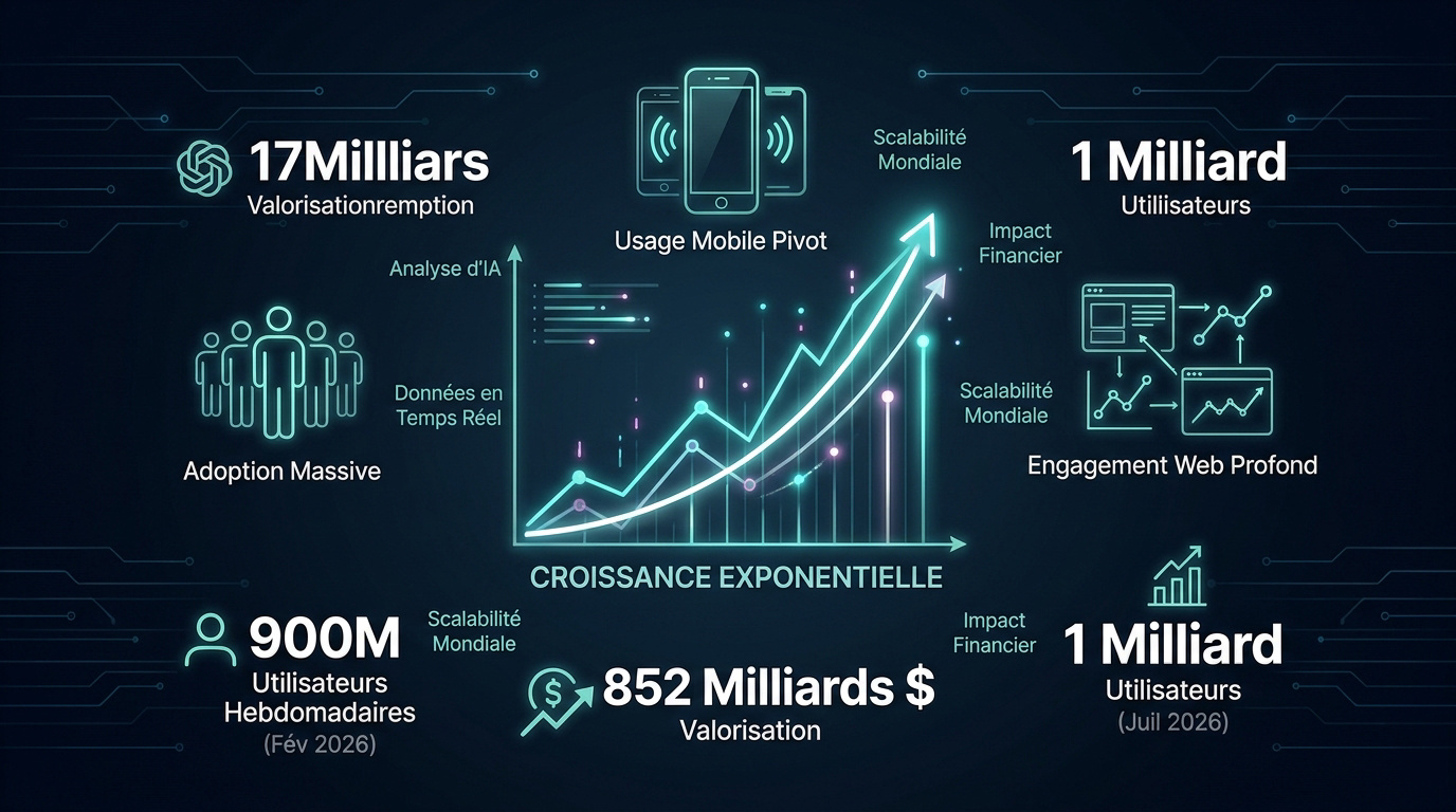 Tableau de bord financier illustrant la croissance exponentielle d'OpenAI en 2026