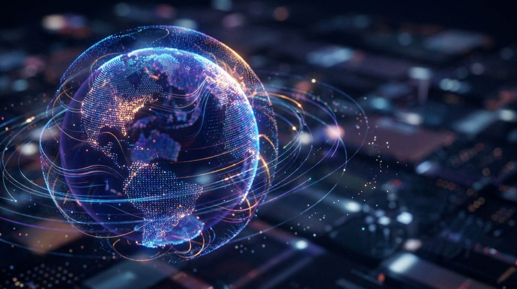 Un globe numérique interactif flottant au-dessus d'un circuit technologique sombre avec des lignes de connexion lumineuses.