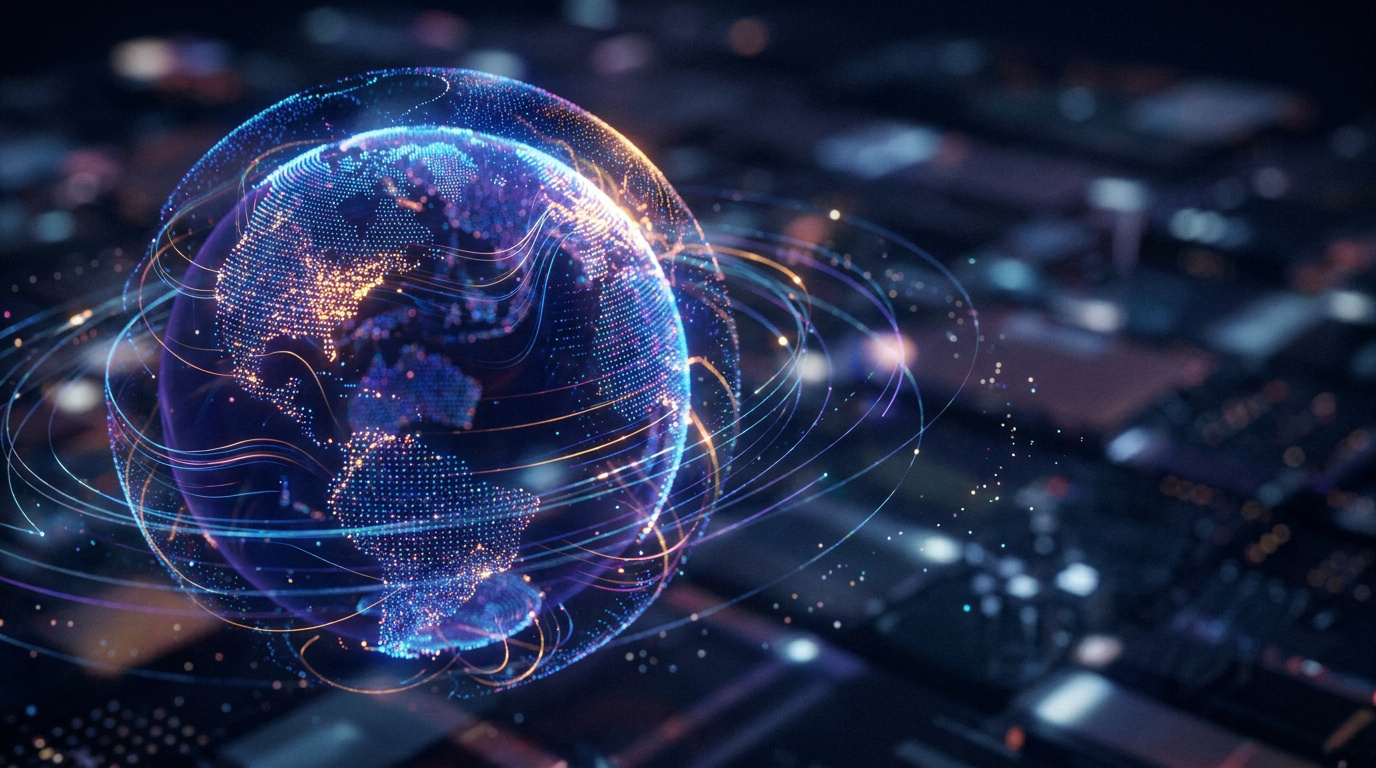 Un globe numérique interactif flottant au-dessus d'un circuit technologique sombre avec des lignes de connexion lumineuses.
