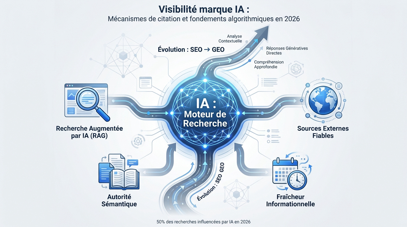 Schéma des mécanismes de citation et de visibilité des marques dans les réponses de l'intelligence artificielle en 2026
