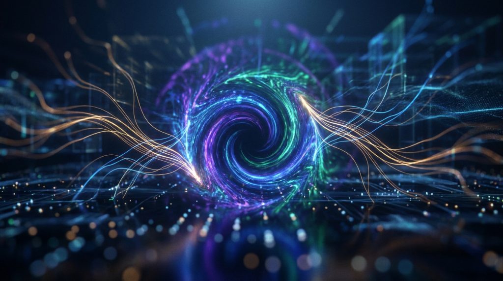 Un vortex numérique abstrait composé de lumières bleues, violettes et dorées tourbillonnant au-dessus d'une surface technologique.