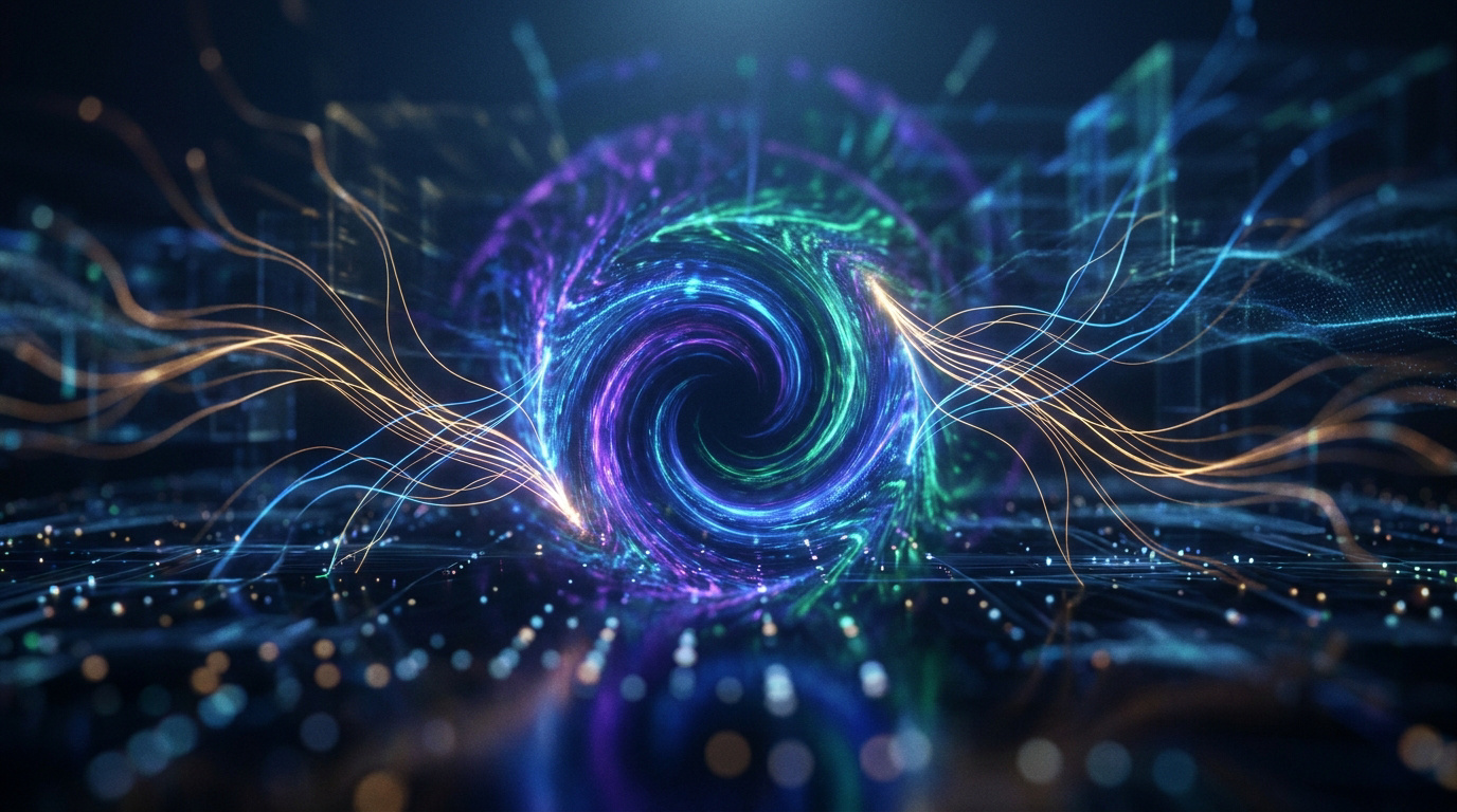 Un vortex numérique abstrait composé de lumières bleues, violettes et dorées tourbillonnant au-dessus d'une surface technologique.
