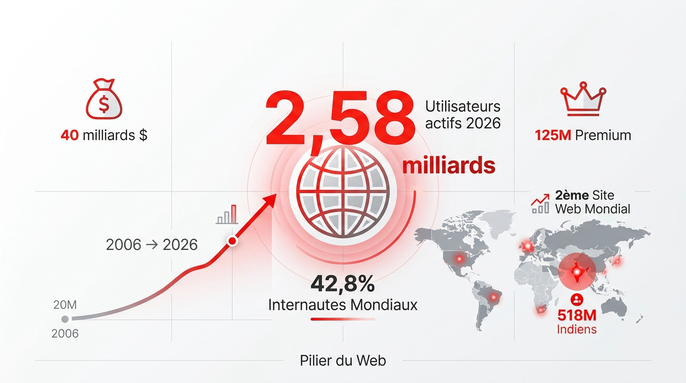 Graphique illustrant la croissance des revenus et la domination mondiale de YouTube en 2026