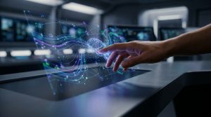 Une main humaine interagit avec une interface holographique représentant un réseau neuronal numérique complexe.