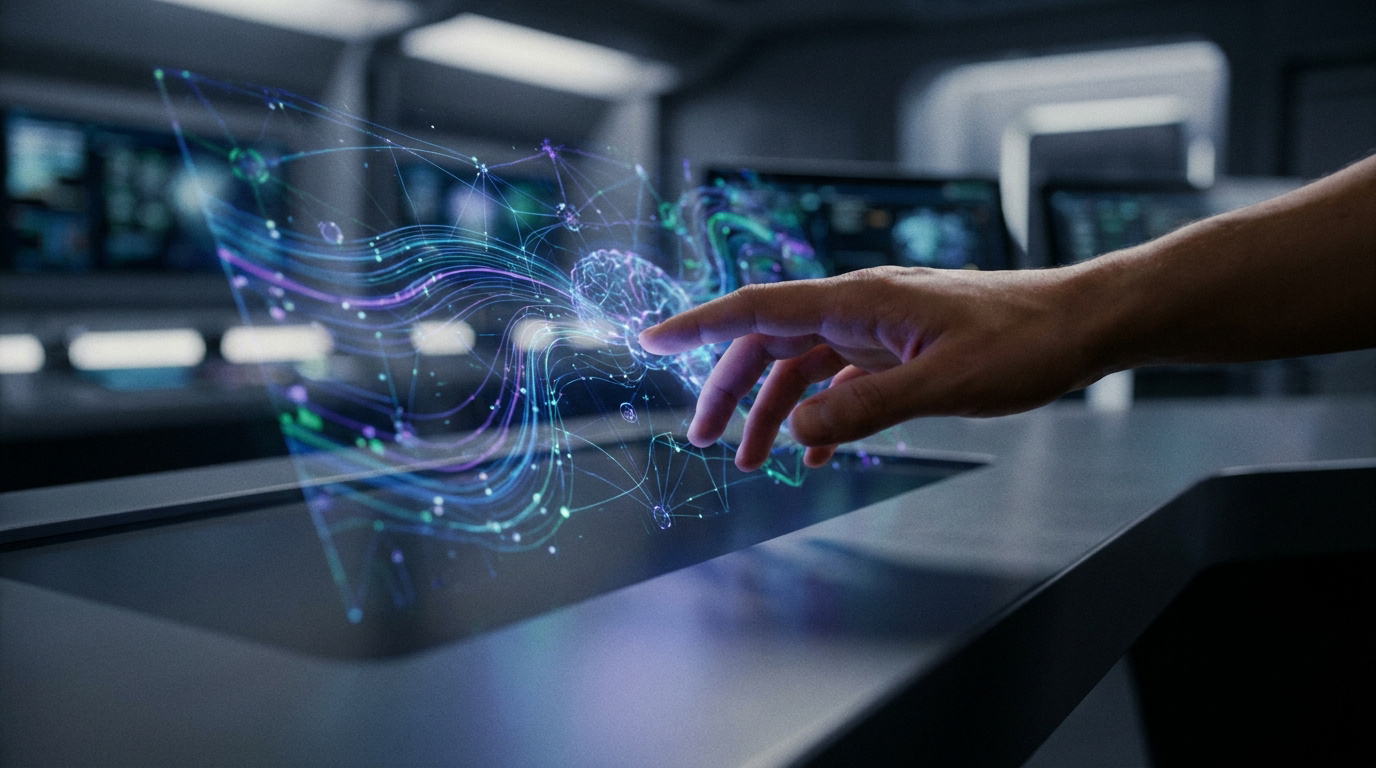 Une main humaine interagit avec une interface holographique représentant un réseau neuronal numérique complexe.