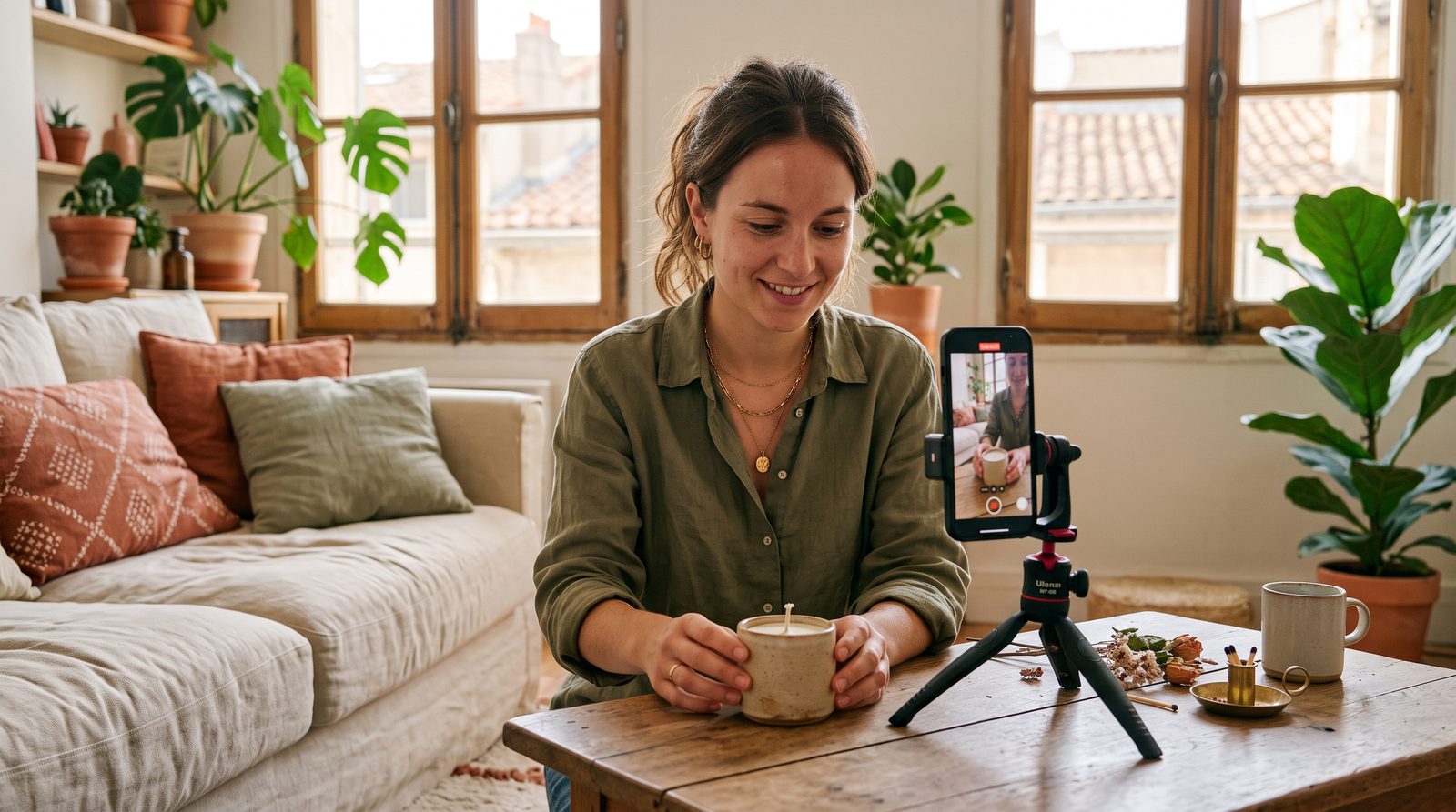 Créatrice de contenu qui filme une vidéo verticale au smartphone, sur Ask YouTube Shorts et l'IA Gemini