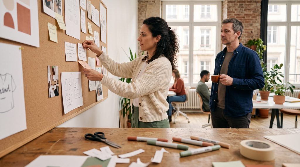 Directrice artistique qui affiche des idées sur un tableau en liège, la créativité au service du marketing digital B2B