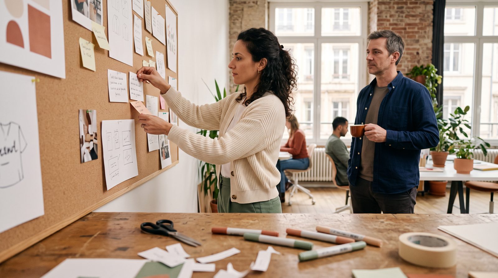 Directrice artistique qui affiche des idées sur un tableau en liège, la créativité au service du marketing digital B2B