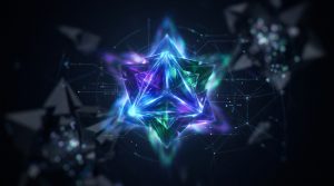 Une forme géométrique cristalline lumineuse entourée de données holographiques sur fond sombre.