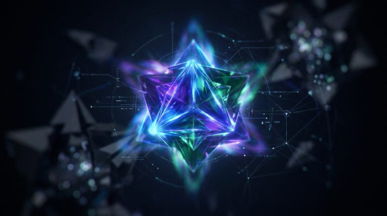 Une forme géométrique cristalline lumineuse entourée de données holographiques sur fond sombre.