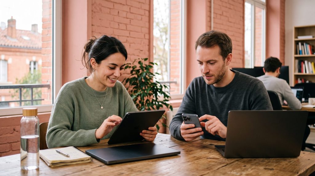 Deux développeurs qui testent une application web sur téléphone et tablette, sur les soft navigations et Core Web Vitals