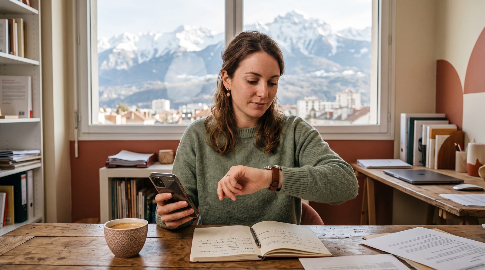 Responsable e-commerce qui regarde sa montre et son téléphone, sur les délais d'indexation des robots de Google
