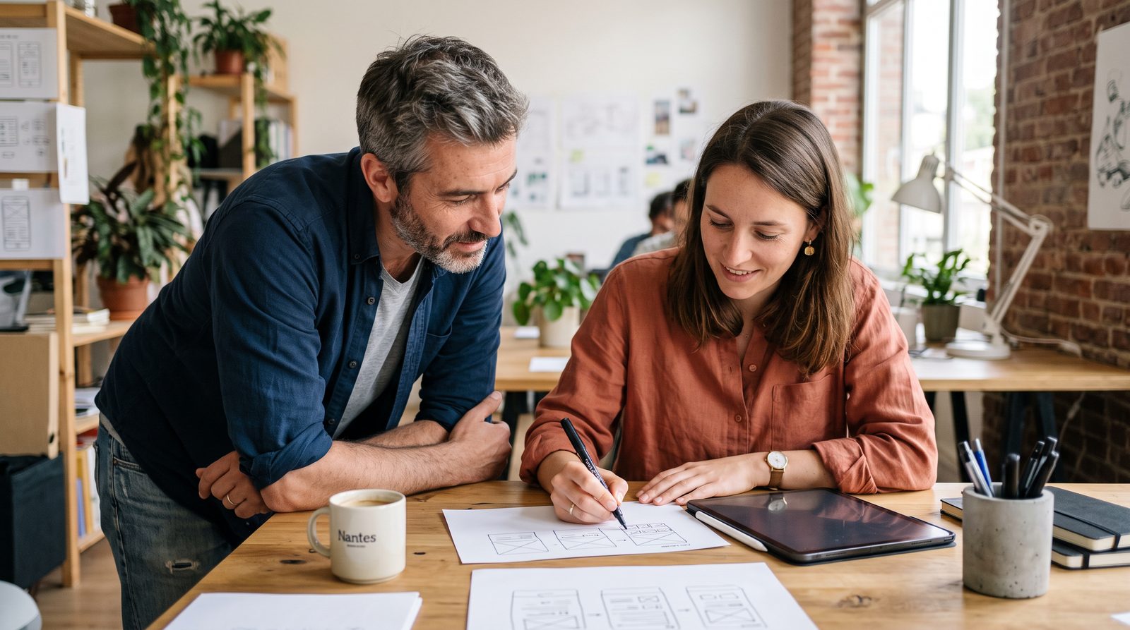 Designer UX qui dessine des maquettes d'interface sous le regard d'un collègue, sur GPT-6 et l'Intelligent UI de ChatGPT
