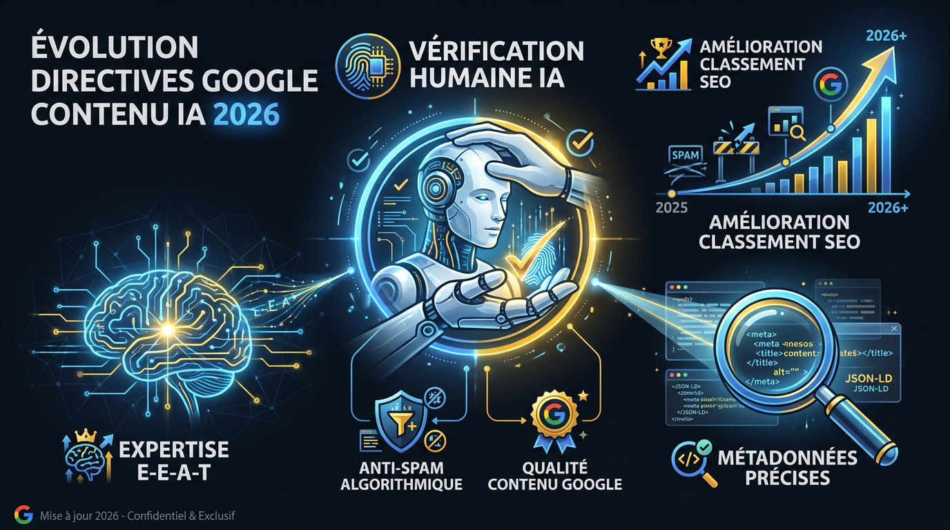 Graphique illustrant l'évolution des directives Google concernant la vérification humaine du contenu IA en 2026