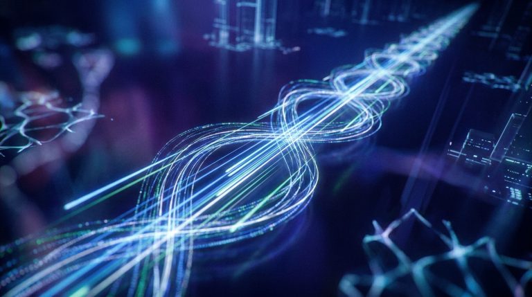 Visualisation abstraite de flux de données numériques luminescents circulant dans un environnement technologique bleu.
