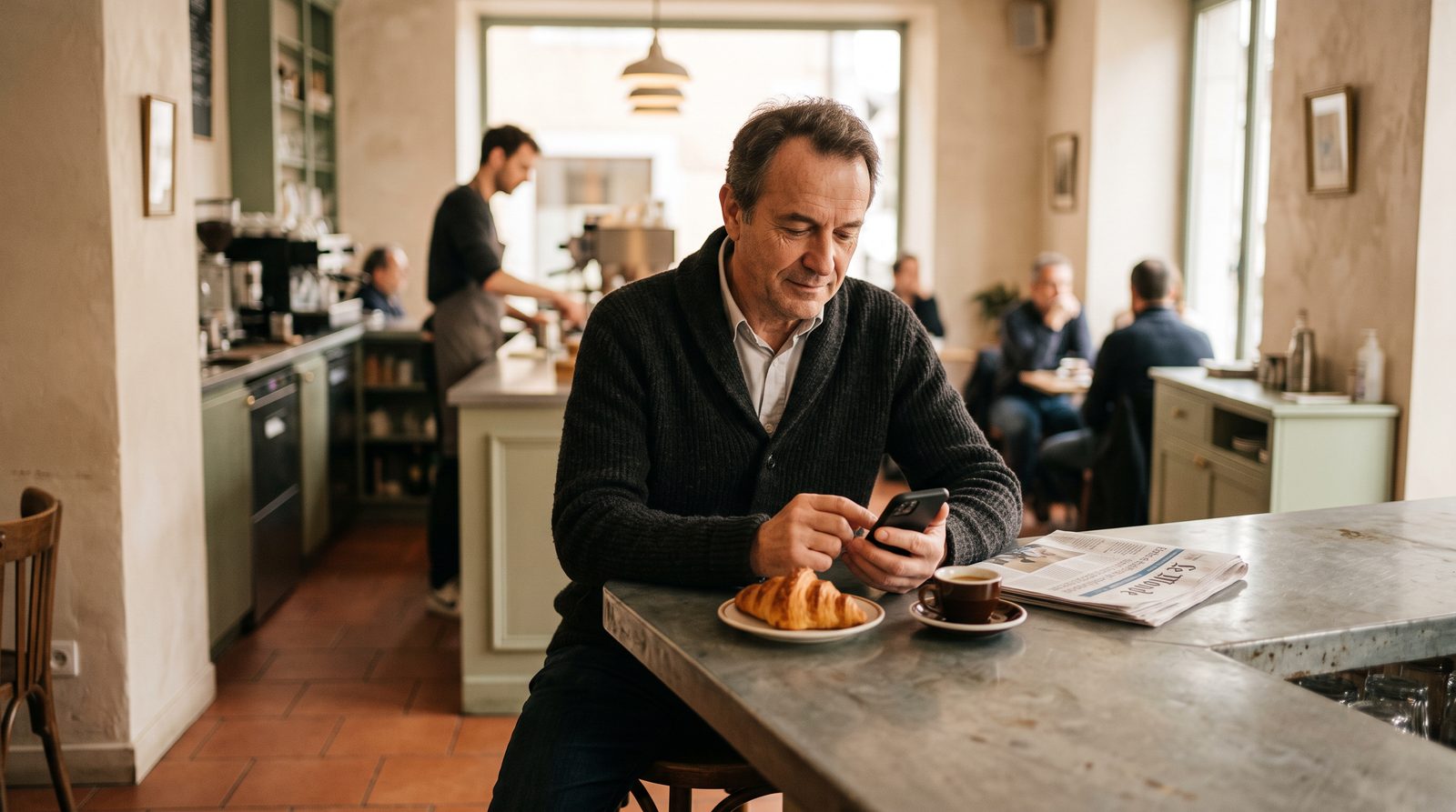 Homme qui lit l'actualité sur son smartphone au comptoir d'un café, sur l'IA générative dans Google Discover
