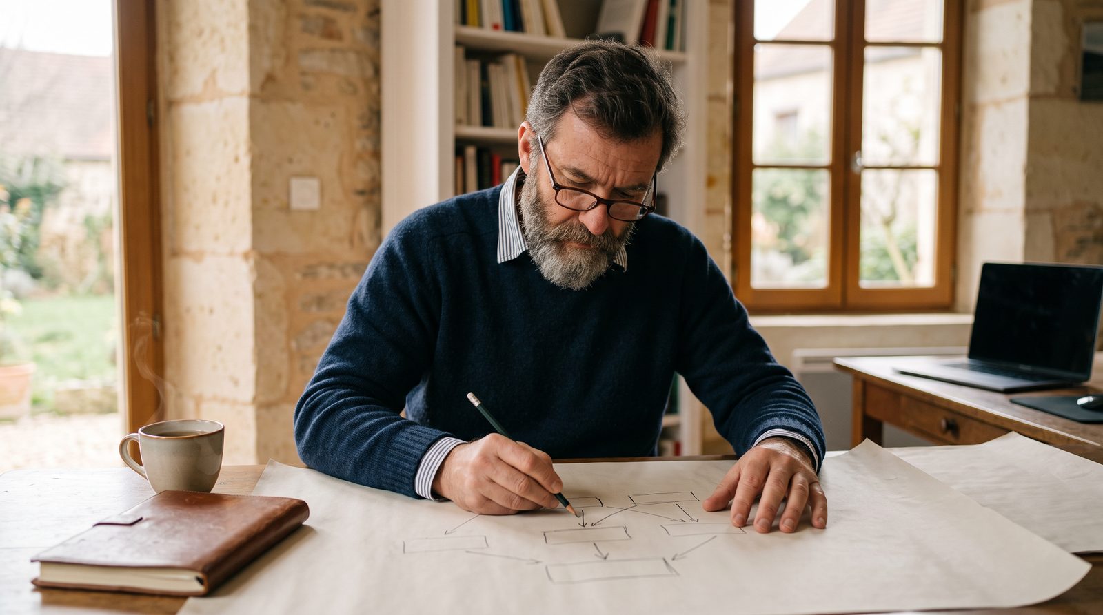 Consultant SEO qui dessine l'arborescence d'un site au crayon, sur les URL complexes et les pages non canoniques de Google