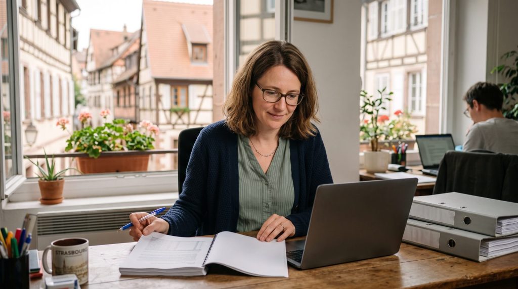 Analyste de données à Strasbourg qui vérifie un fichier client imprimé, pour une IA marketing B2B aux données fiables