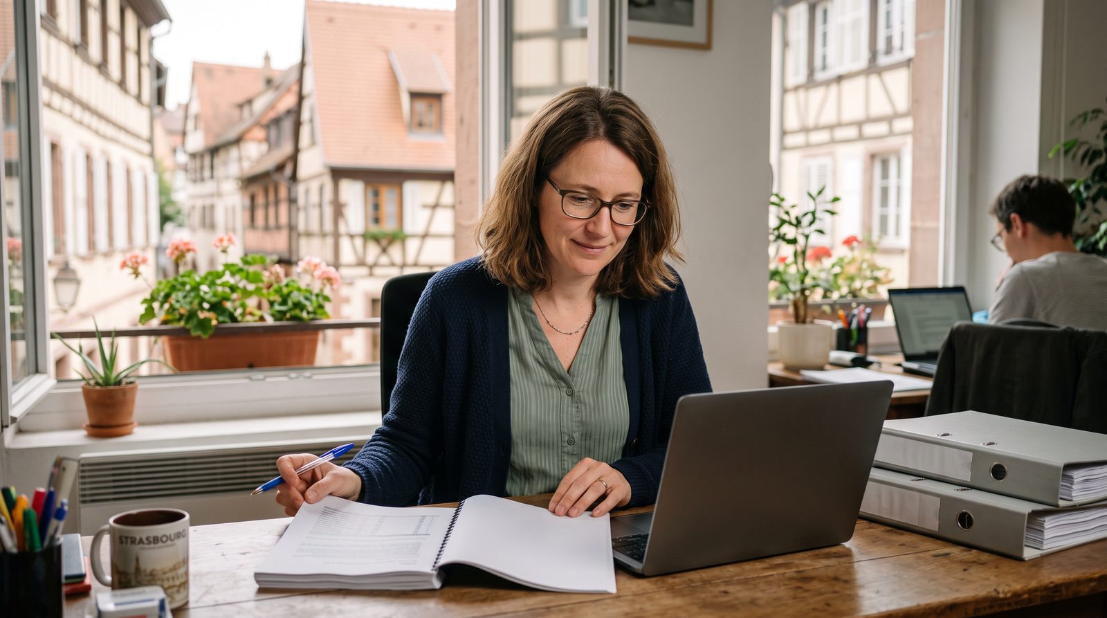 Analyste de données à Strasbourg qui vérifie un fichier client imprimé, pour une IA marketing B2B aux données fiables