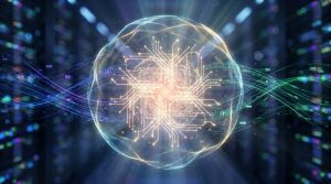 Sphère lumineuse avec un circuit imprimé au centre, entourée de flux de données numériques sur un fond de serveurs.