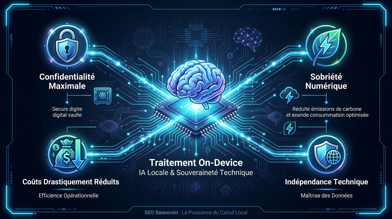 Schéma illustrant la souveraineté technique et la sécurité des données grâce à l'intelligence artificielle locale pour le SEO