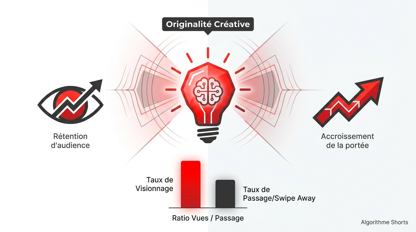 Infographie expliquant la relation entre l'originalité du contenu, la rétention d'audience et la portée algorithmique sur YouTube Shorts
