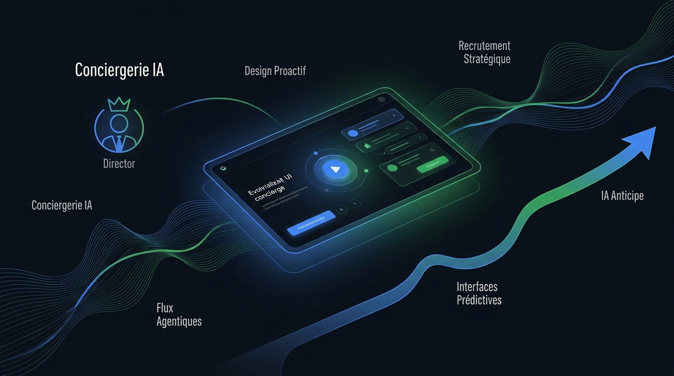 Interface futuriste de conciergerie IA intégrant des flux prédictifs et des contenus générés par intelligence artificielle