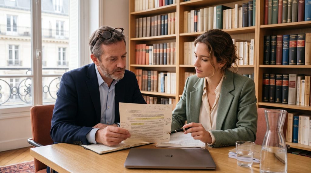 Avocat et responsable marketing qui annotent un contrat sur les nouvelles conditions de crawl de Meta et l'IA