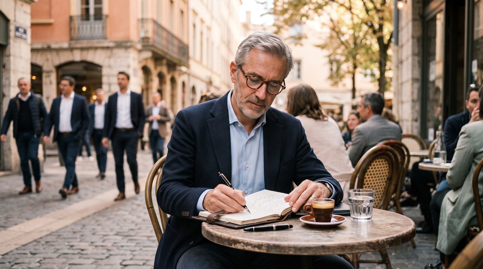 Dirigeant à une terrasse de café lyonnaise qui annote un carnet sur la mise à jour Google SEO et l'autorité humaine
