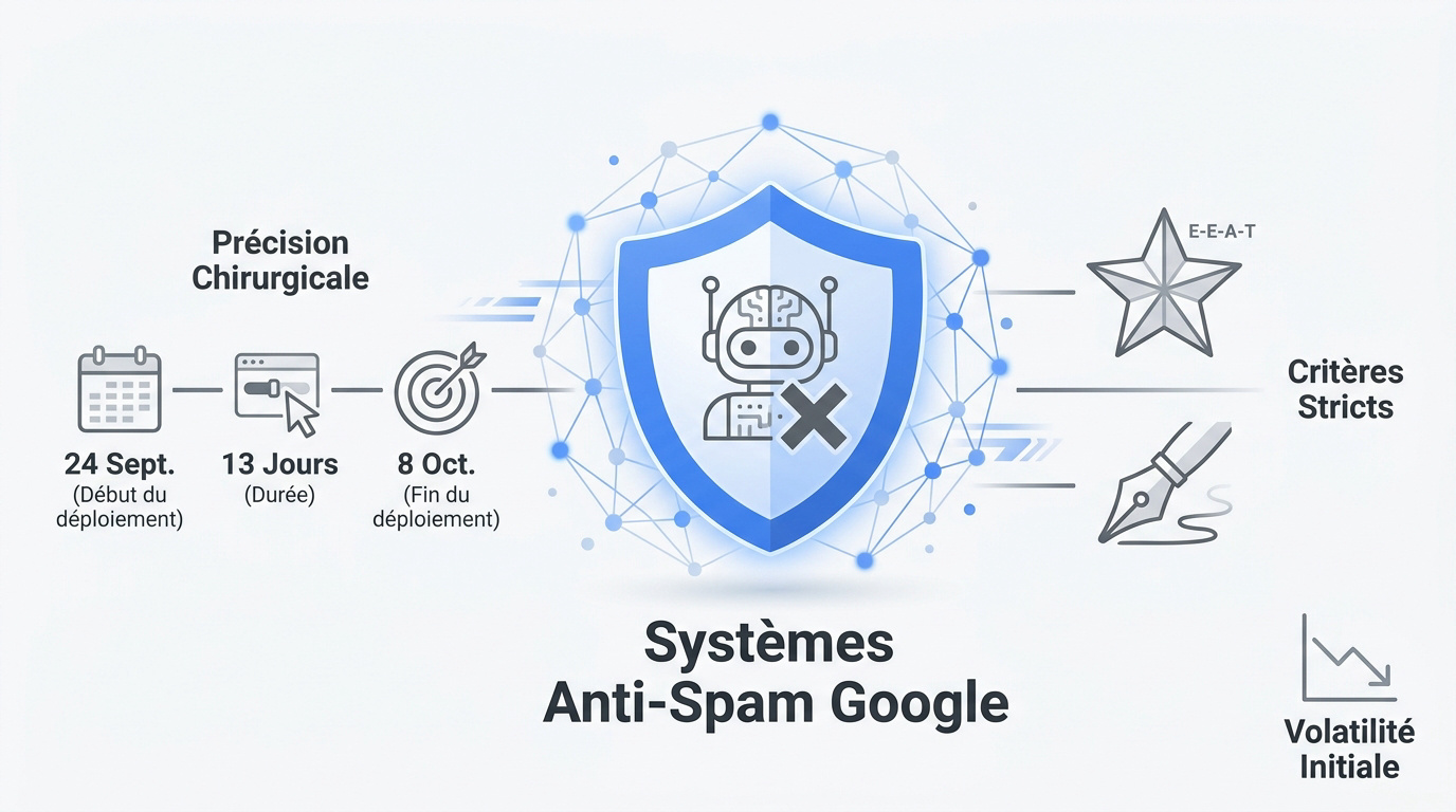 Graphique illustrant le déploiement de la mise à jour anti-spam de Google en septembre 2026