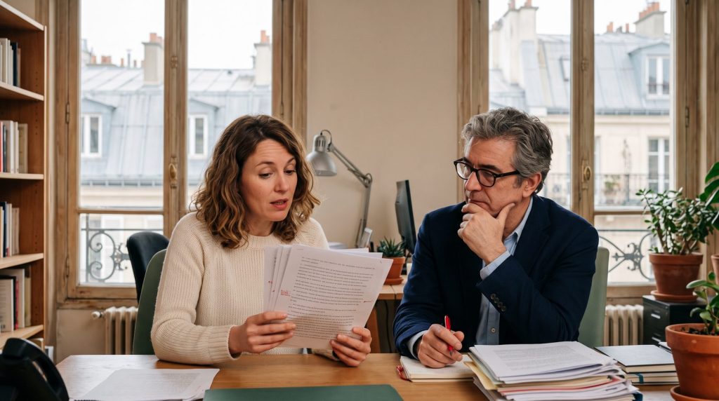 Éditrice qui relit un texte à voix haute à un collègue, pour un contenu digital authentique à l'heure de l'IA