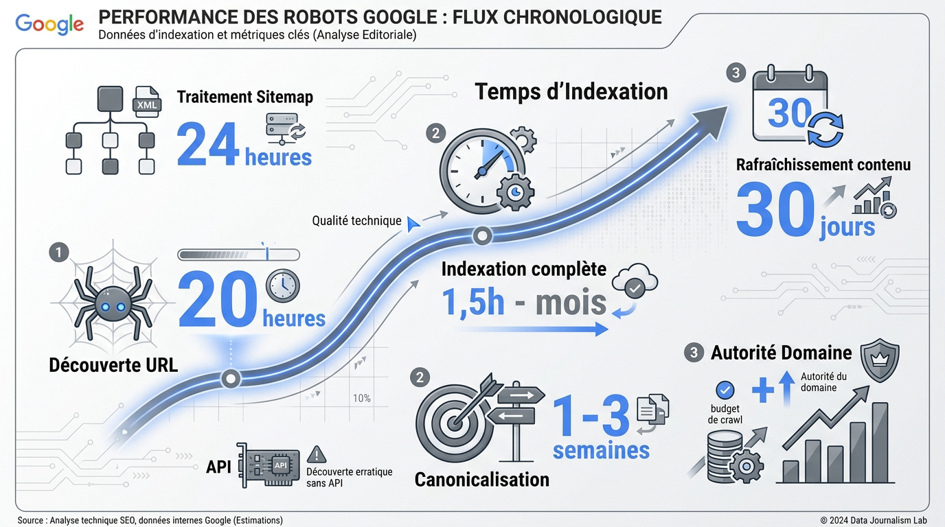 Chronologie des délais d'exploration et d'indexation des robots Google