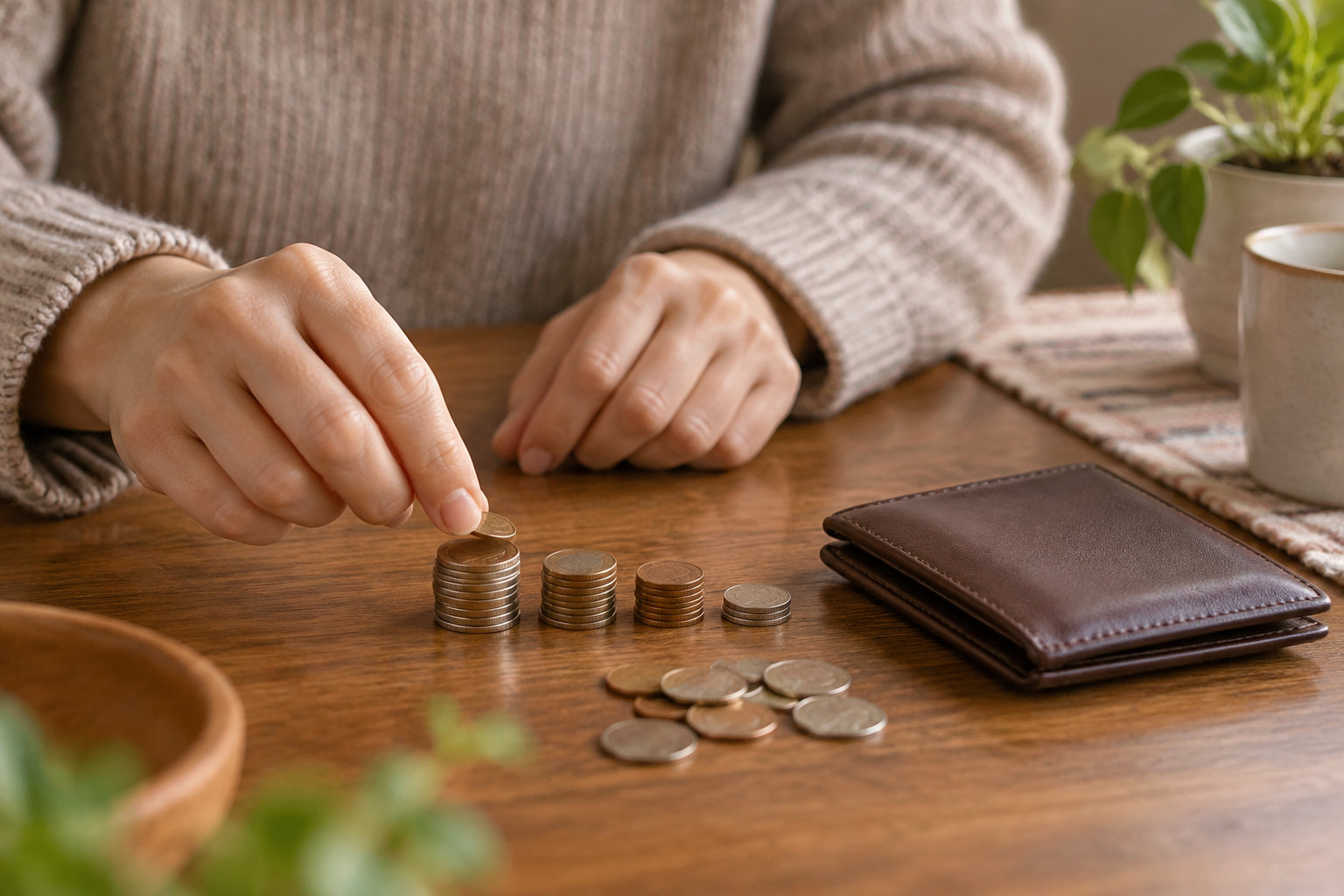 Une personne empile des pièces de monnaie sur une table, à côté d’un portefeuille, d’une tasse et d’une plante.