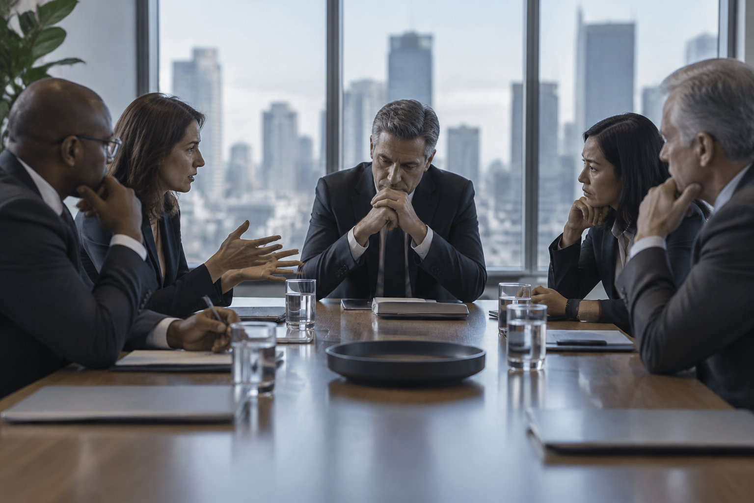Cinq personnes en tenue professionnelle sont réunies autour d’une table de conférence, dans un bureau donnant sur une ville.