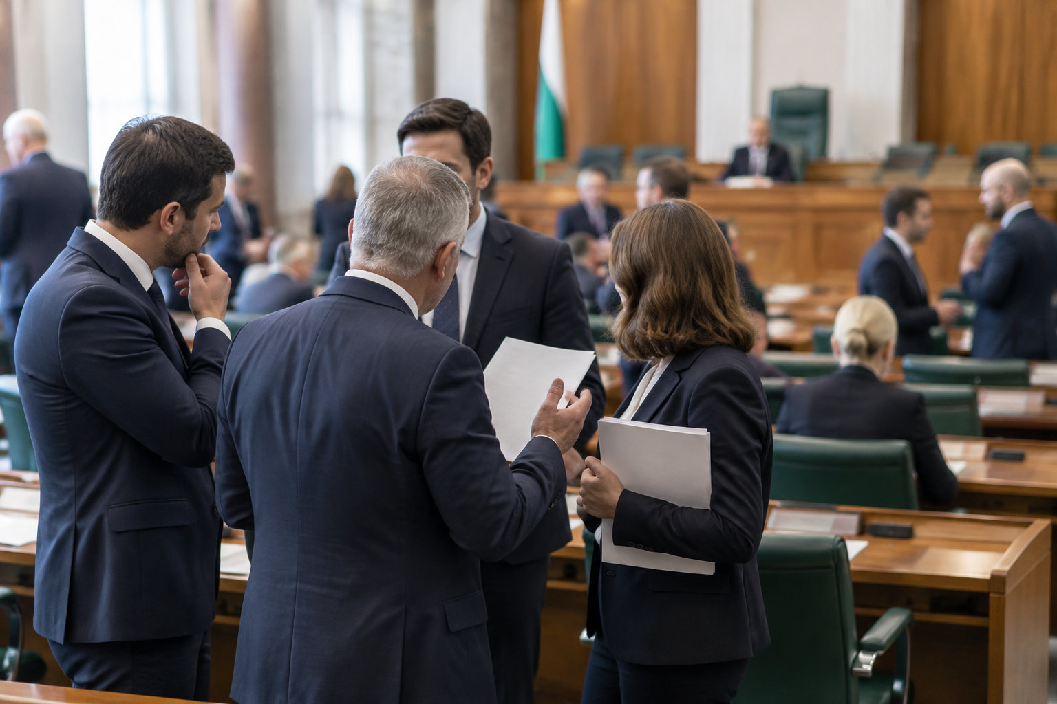 Plusieurs personnes en costume discutent dans une salle d’assemblée, certaines tenant des documents.